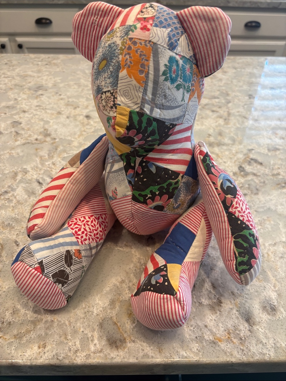 Up-cycled quilted patchwork teddy bear. 15.5” buttoned moveable limbs